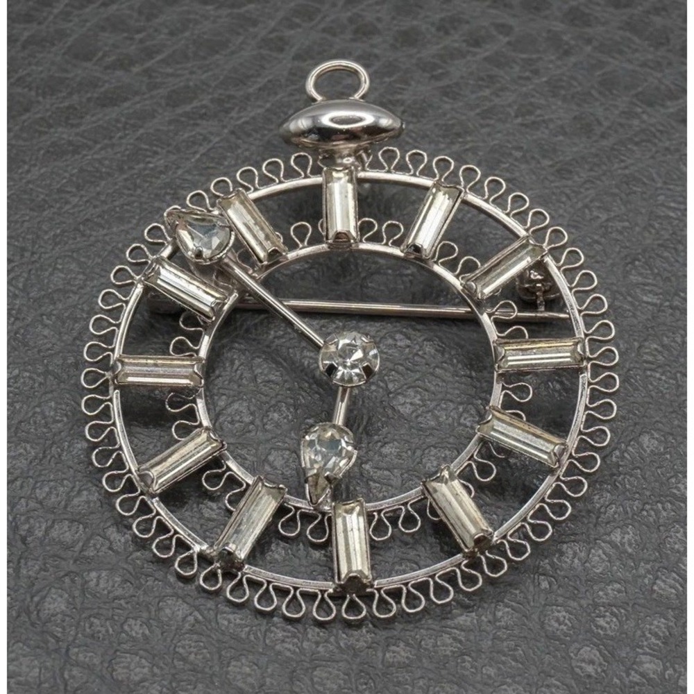 VTG  Star Art Sterling Silver Rhinestone Filigree Clock Face Pendant Brooch Pin